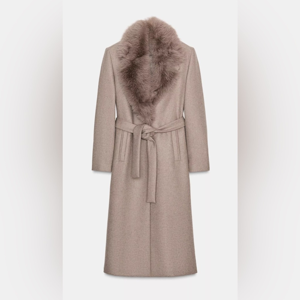Zara Winter 2025 Light Mink WOOL COAT WITH FAUX FUR LAPEL AND BELT
